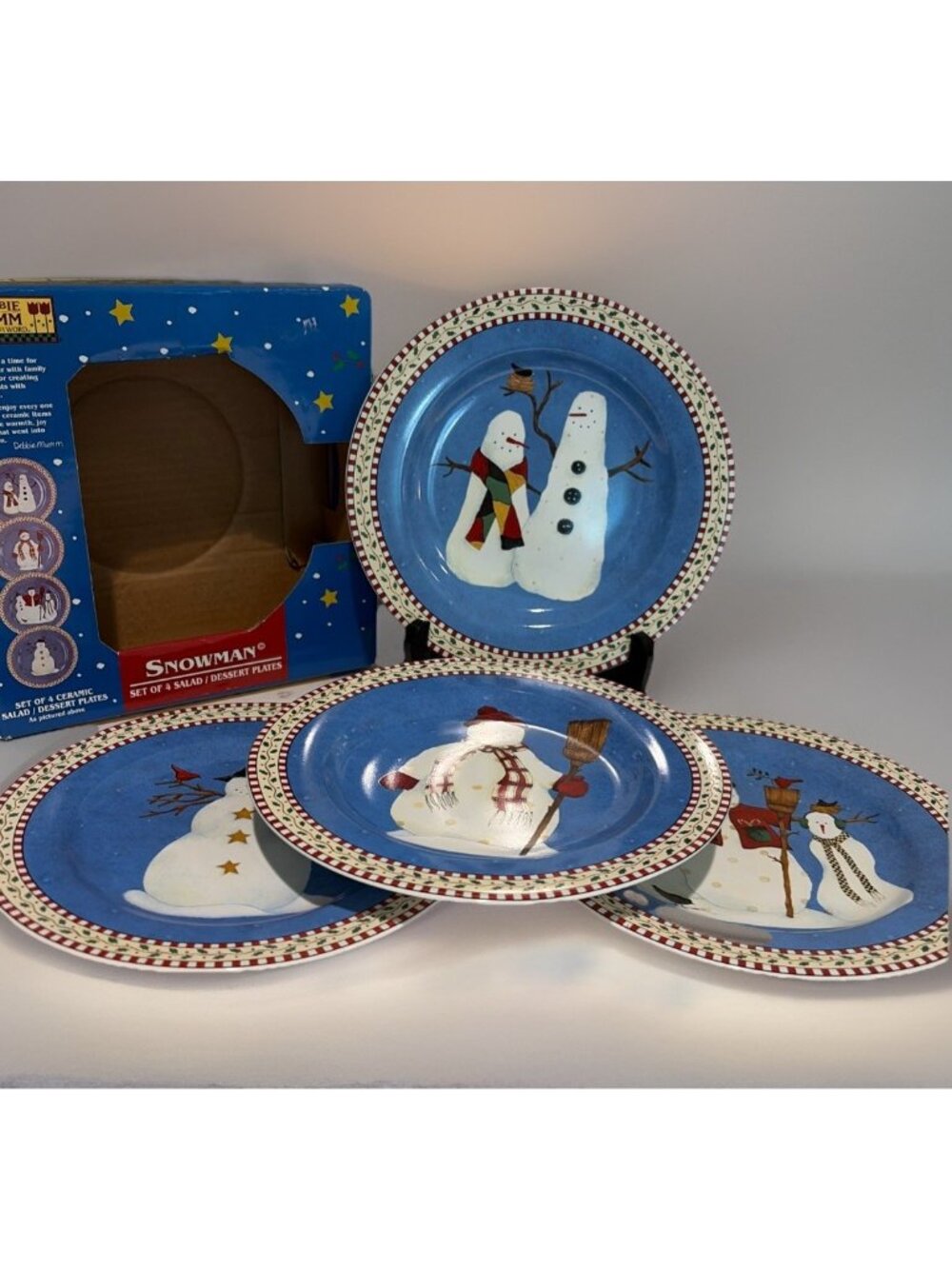 Debbie Mumm Set of 4 SNOWMAN 8" Salad Dessert Plates Holiday Winter Sakura NEW